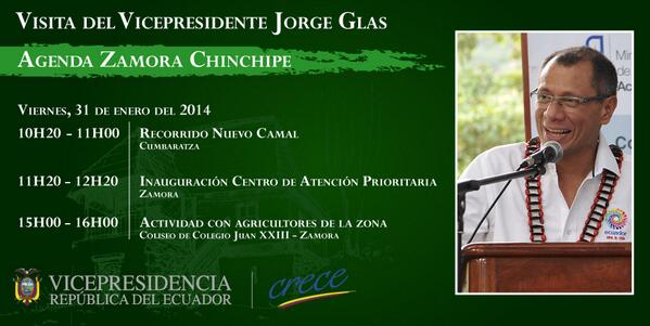 Vice_Ec's tweet photo. Agenda del Vicepresidente Jorge Glas Espinel en la provincia de Zamora Chinchipe ¡Compártela! http://t.co/hESK5waDw6
