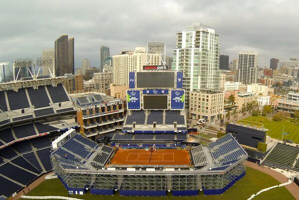 MLB's tweet photo. Tennis, at a glorious ballpark. MT @Padres: First match of #DavisCup starts at 11am. 1st rd continues thru Sunday! http://t.co/H4vtv5NFSa