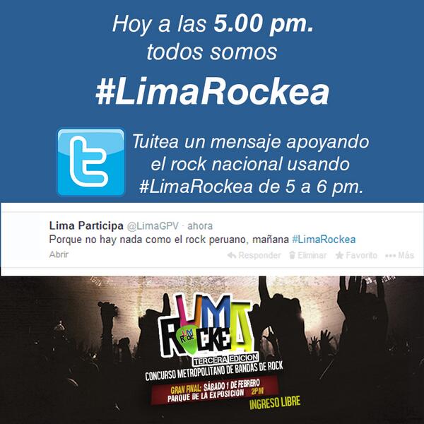 <a href="/gritotienda/">El Grito Tienda</a> <a href="/RETROACCION/">Asociac. RetroAcción</a>  <a href="/rockea_pe/">Rockea</a>  hoy  a las 5 pm. hagamos del rock  una tendencia tuiteando #LimaRockea
