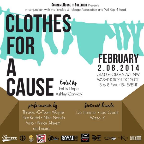 Feb 8 #ClothesforaCause live show & clothing drive! 18+ Free with donations! Feat @SuperNikeNando @PrinceAkeem301 +++