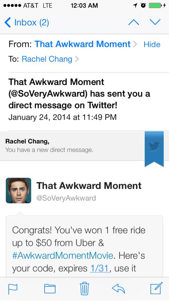RachelChang's tweet image. That #UberAwkward moment I used my free @SoVeryAwkward @Uber_NYC ride to rush home b4 @16Handles closed. #ThanksZac
