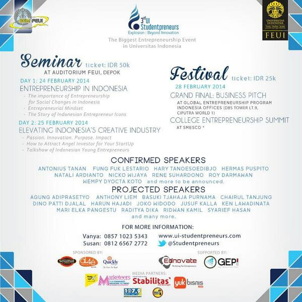 UIUpdate's tweet image. The Biggest Entrepreneurship Event in UI, 3rd UI @Studentpreneurs Seminar(24-25 Feb) &amp;amp; Festival 28 Feb!