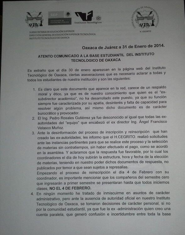 ITO_OAX's tweet photo. Comunicado http://t.co/KFZl3iAX9p