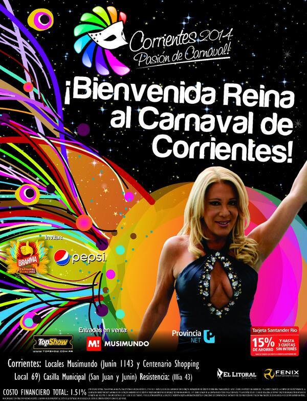 CtesEsCarnaval's tweet photo. Bienvenida Reina Reech a los #CarnavalesDeCorrientes! #VamosParaAdelante #ArribaCorrientes #CorrientesEsCarnaval http://t.co/yWYtAAg1ts