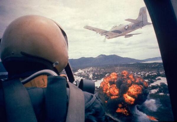 HistoryInPics's tweet photo. US Airforce pilot watches a napalm strike hit from his cockpit. Vietnam, 1963. http://t.co/IKS9QuzTa6
