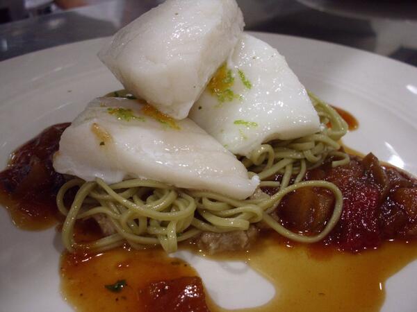 foursquareNC's tweet photo. Tonight!  steamed white sea bass, green tea noodles, sweet &amp; sour sauce, coconut / sunflower / pine nut butter $32 http://t.co/FOrfSPu0Y8