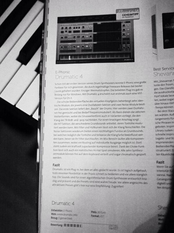 ephonic's tweet photo. Drumatic 4 Review in Beat Magazine! "Geheimtipp" and rated 5.5/6! 

http://t.co/H3kDakFOvE http://t.co/DsTbiwcynv