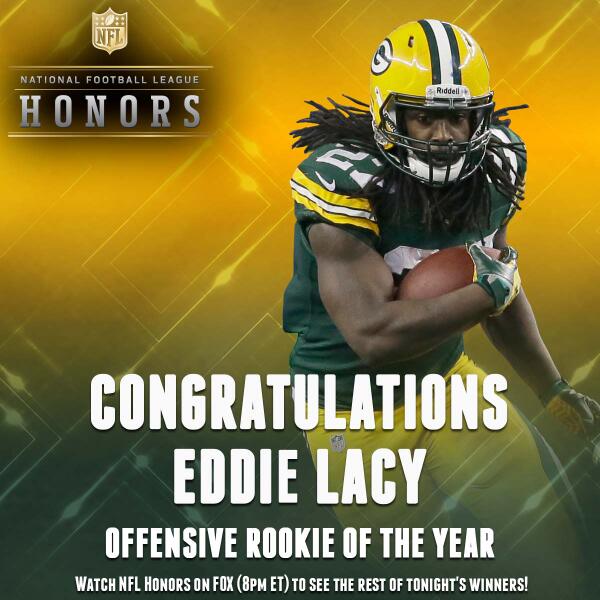 NFL's tweet photo. Congratulations to Eddie Lacy! 2013 Offensive Rookie of the Year! #NFLHonors http://t.co/XYfd7r4UsY