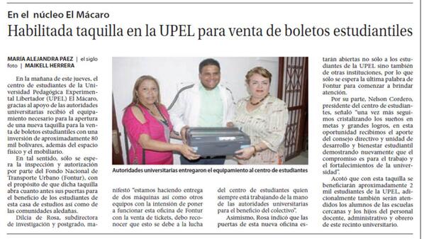 UPELMacaro's tweet photo. Habilitada taquilla en la UPEL Mácaro para venta de boletos estudiantiles.
@CE_UPELmacaro
@nelsoncordero
@somosupel http://t.co/eSHwSMhnpn