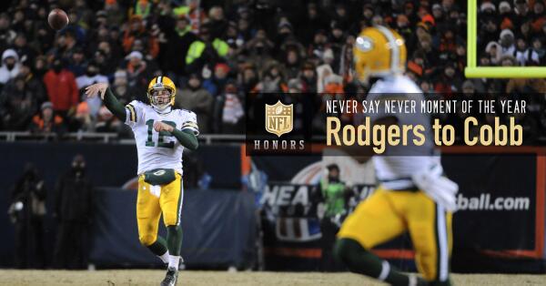 packers's tweet photo. Rodgers to Cobb in Week 17 has won NFL’s Never Say Never Moment of the Year! More: http://t.co/jc4xSaTwyv #Packers http://t.co/dzNJ6MJYe9