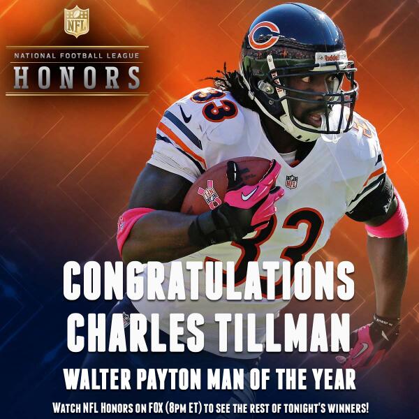 The 2013 Walter Payton Man of the Year is Charles Tillman! #NFLHonors