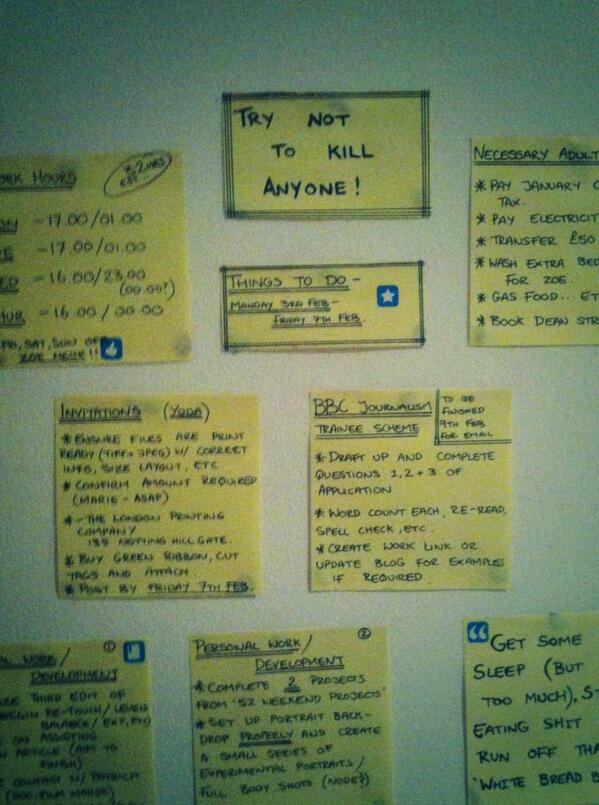 A hectic week militantly planned out with the help of the glorious post it note. Hope I remember not to kill anyone.