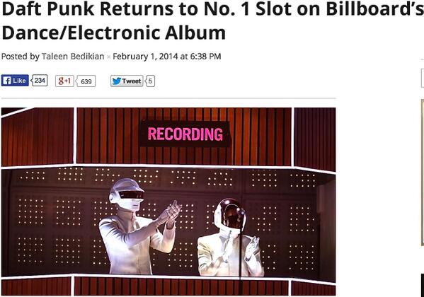 nilerodgers's tweet photo. DAFT PUNK BACK AT #1 http://t.co/gml0eKuZEJ http://t.co/5LiDysI4zE