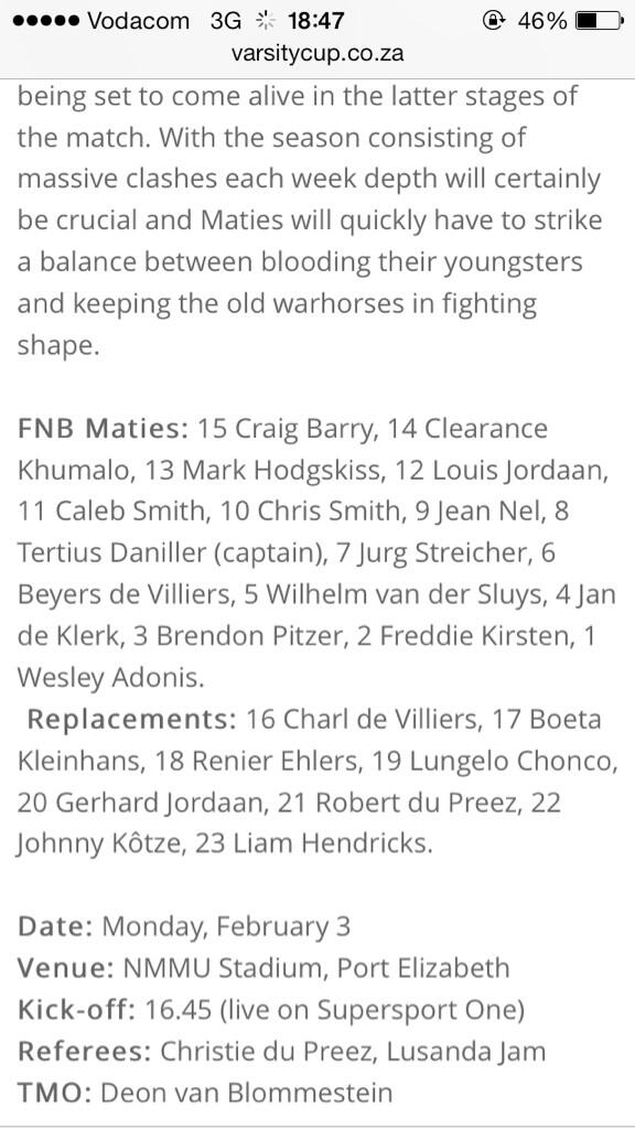 Henning041996's tweet photo. Congrats to @Chris101Smith for making the Maties VC team and starting tomorrow at flyhalf!#10 #rippingitup #brother http://t.co/EsTleBYAxH
