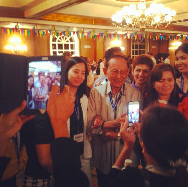 manilabulletin's tweet photo. Former President Fidel V. Ramos sharing lighter moments with #selfie and #photobomb sessions with guests at #MB114 http://t.co/754ueZHA09