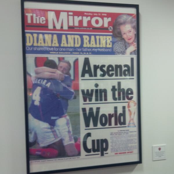 piersmorgan's tweet photo. My finest hour! > RT @johncrossmirror:  #afc press room. Pride of place Mirror "Arsenal win the World Cup" front page http://t.co/ZuXjcotQOD