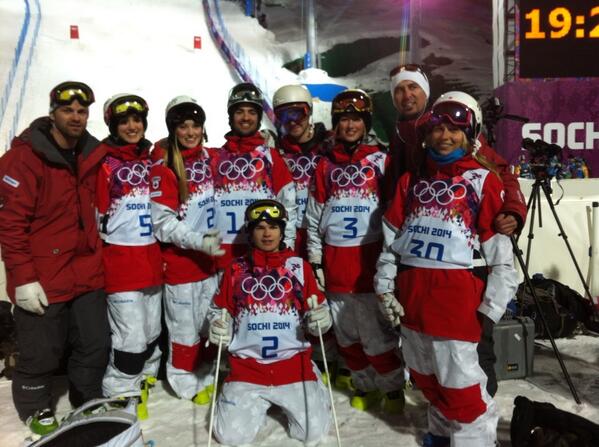 TeamCanada's tweet photo. Behind those smiles a dominant team. RT @canfreestyleski Night #1 of training. #moguls #cdnolympicteam #wearewinter http://t.co/ZRxBfTMGP6