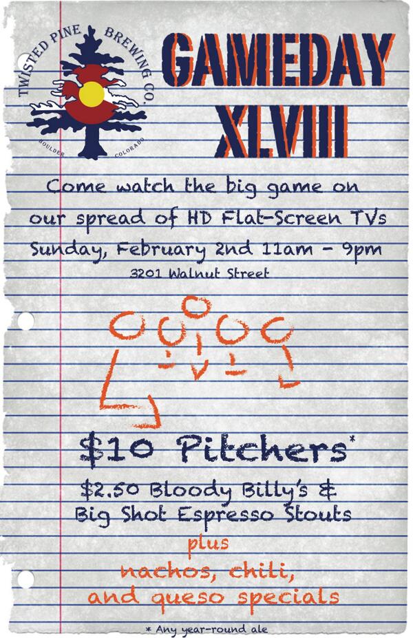 TwistedPine's tweet photo. Come to the Pine and watch the #Broncos do battle!  Game Daaaaaaay!  #Boulder #craftbeer #superbowl http://t.co/F5EhRWxYyg