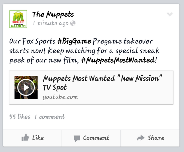 TheAgencyMohawk's tweet photo. The Muppets leverage Facebook, HashTags, YouTube &amp; SuperBowl to promote new movie #IMC #SocialStrategy #Advertising http://t.co/q10iWqRJop