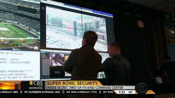 bradpollard's tweet photo. Super Bowl Wi-Fi password credentials broadcast in pre-game security gaffe #superbowl http://t.co/wzFvhXfPUQ