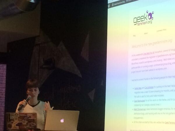 linclark's tweet image. @hypatiadotca showing off the new migrated GeekFeminism.org #owfa