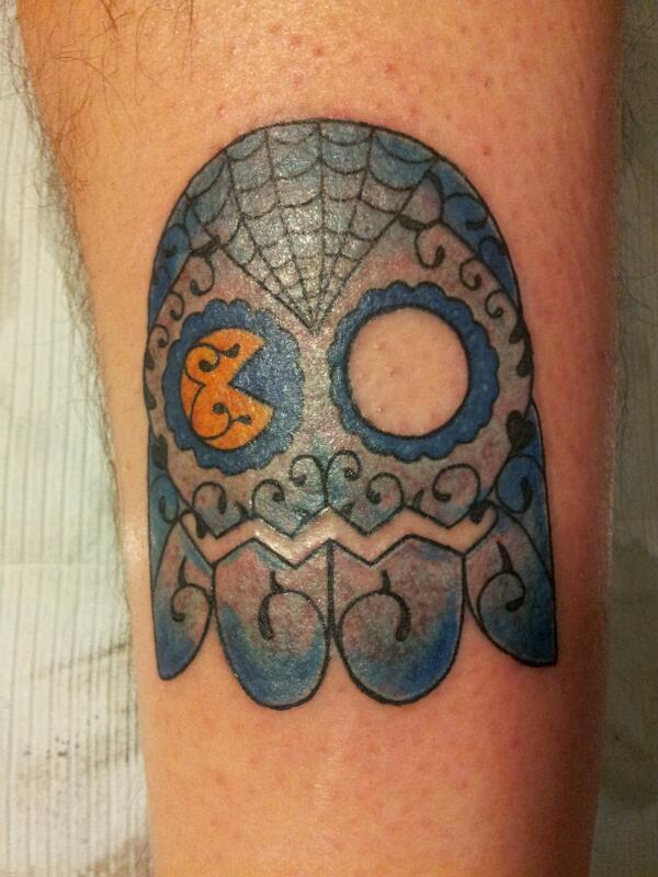 devastation79's tweet image. #pacghost #tattoo I did for my#brother last night #DayOfTheDead after ref he brought me from online #pacman #family