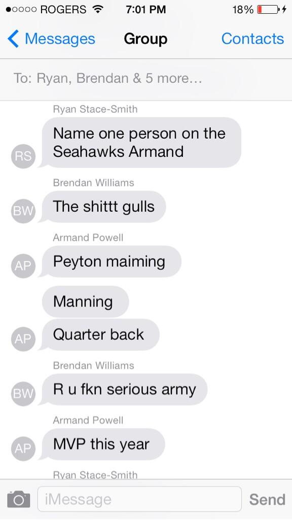 KoryMovold's tweet photo. @stacer19 @jkierce2 @ostrom_91 @Fourniercate. Stumped the Schwab. #Seahawks #Manning #mvpshowdown http://t.co/bnLljEgwBf
