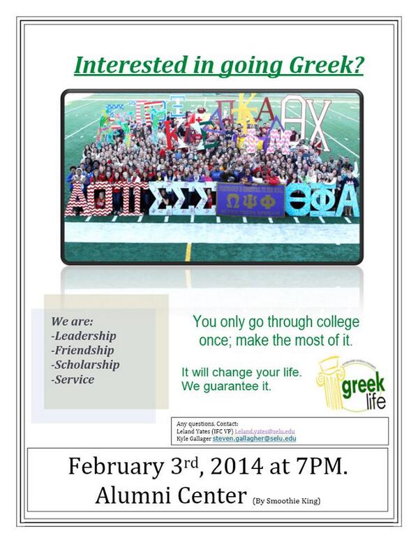 SoutheasternFSL's tweet image. Interested in joining a fraternity?  Come to the Alumni Center at 7PM to learn about each fraternity on campus!