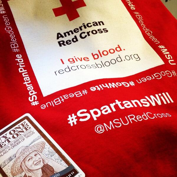 Come hang with us, and give blood! You'll also get a free Tshirt and a coupon for Chipotle! #bleedgreenbeatblue14