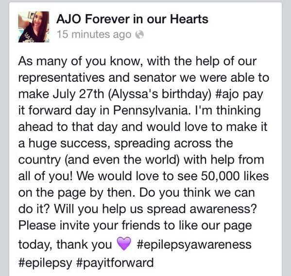 oneill2003's tweet photo. 50,000 by July 27th? That's the goal! #ajo #EpilepsyAwareness #payitforward http://t.co/J8jjkW0ds1