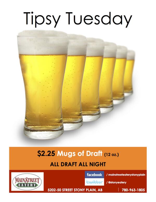 Check us out tomorrow for Tipsy Tuesday at <a href="/stonyeatery/">Mainstreet Eatery</a> 
***$2.25 Mugs of Draft***
ALL DRAFT ALL NIGHT