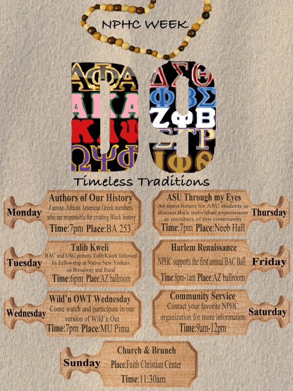 ASU_GreekLife's tweet photo. The National Pan-Hellenic Council (NPHC) is hosting a week of Timeless Traditions! Feb 3rd-9th http://t.co/FsLaYGtES9 http://t.co/6bHeOUvd4v