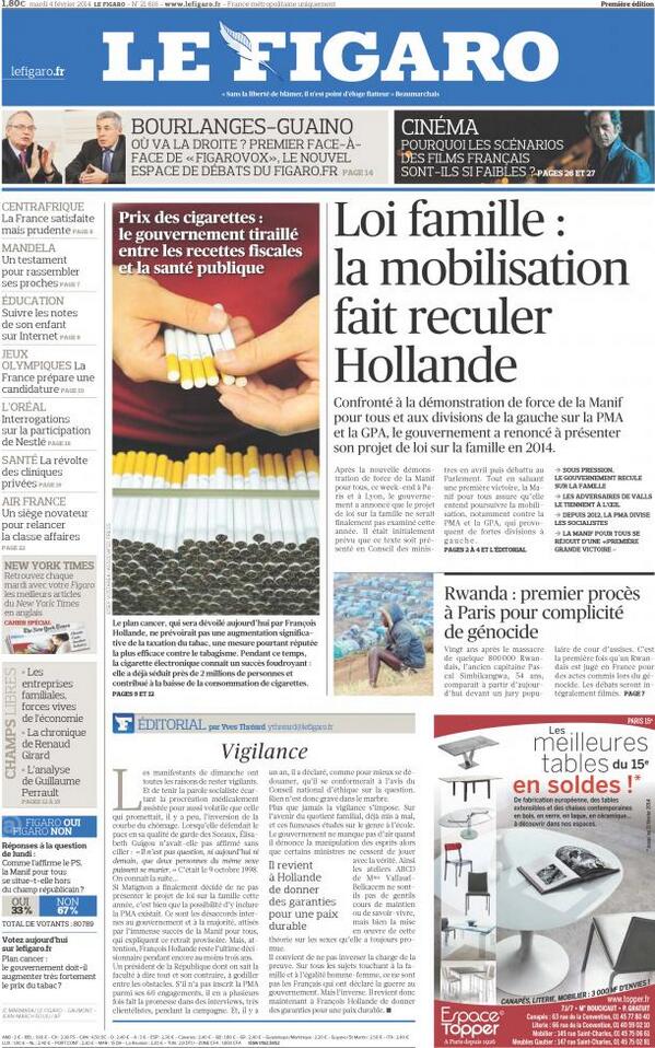 chdelporte's tweet photo. Une du #Figaro demain : "Loi famille : la mobilisation fait reculer #Hollande" #EtVoilà http://t.co/MW4wbZ7wq7