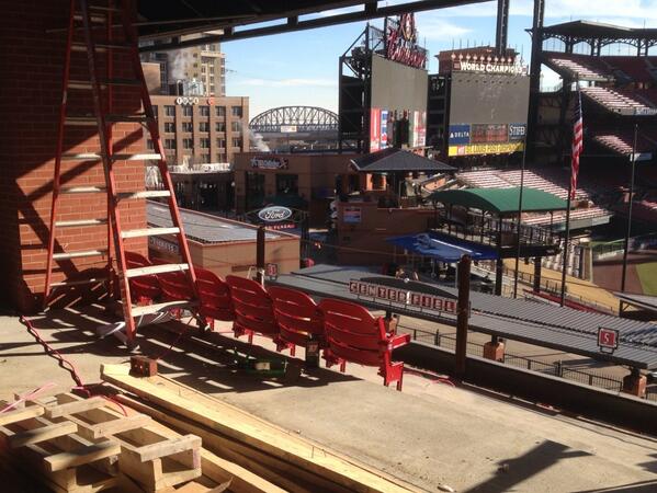 The first Cardinals Nation rooftop seats are going in at #BallparkVillage today. Are you ready for baseball?