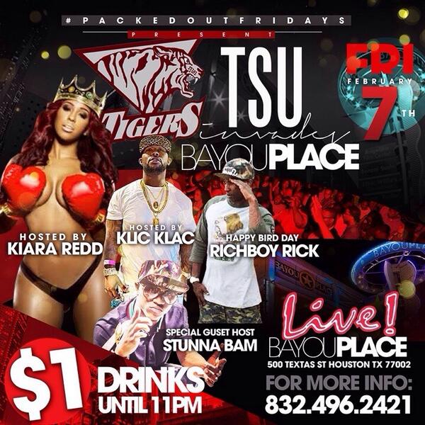 Eric_Spivey's tweet photo. #TSUINVADESBAYOU This Friday #BayouPlace #101ent For More Info Text "tsu" To 281-840-0553 http://t.co/Cb98i6TyUX RT.