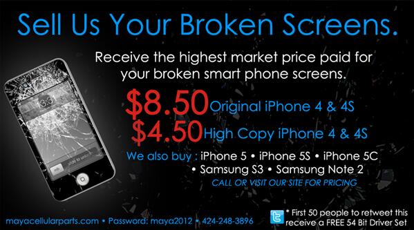 MayaParts's tweet image. We buy broken screens! Check out our latest ad for pricing!