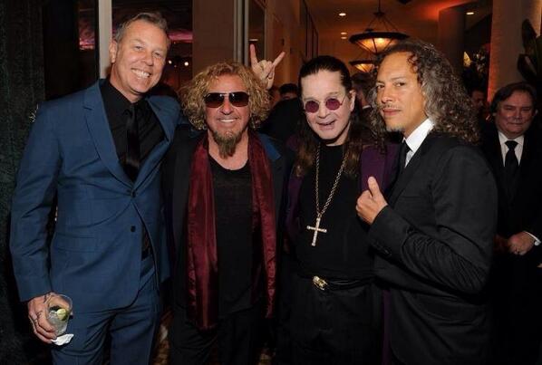 OzzyOsbourne's tweet photo. A pic from last week's @TheGrammys parties with @officaljames_ &amp; Kirk from @Metallica and @sammyhagar http://t.co/0VMdaN0nLn