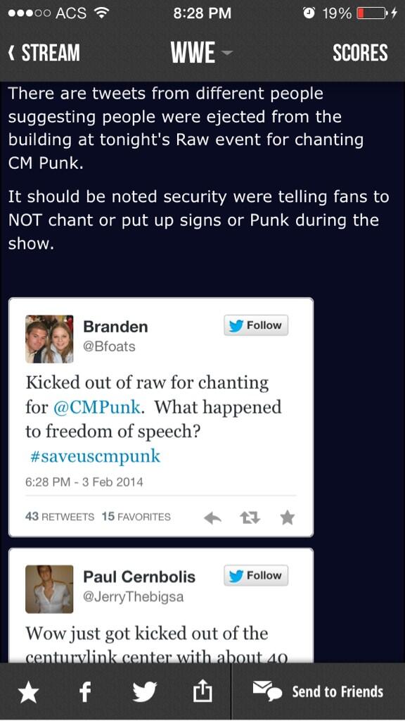 mmcbride17's tweet image. Really @WWE you're ejecting the @WWEUniverse for chanting cm punk?! #boycottwwe #CMPunk #CMPunkChants #WWERaw #RAW