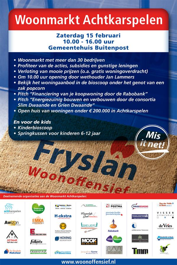 achtkarspelen's tweet photo. Meer dan 30 bedrijven hebben zich aangemeld voor de woonmarkt op het gemeentehuis op 15 febr @Woonoffensief http://t.co/B2l9CmQ4z4