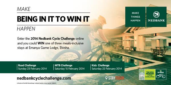 NedbankCycle's tweet photo. @Namcycling and if you enter online you could win one of 3 meal inclusive stays at #EmanyaGameLodge, Etosha! http://t.co/PWDDRPkd65