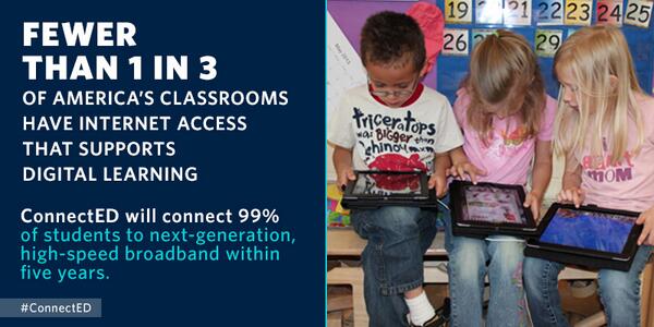 ObamaWhiteHouse's tweet photo. In a country where we expect free WI-FI with our coffee, we should have it in our schools. #ConnectED, http://t.co/1J8PdLupEF