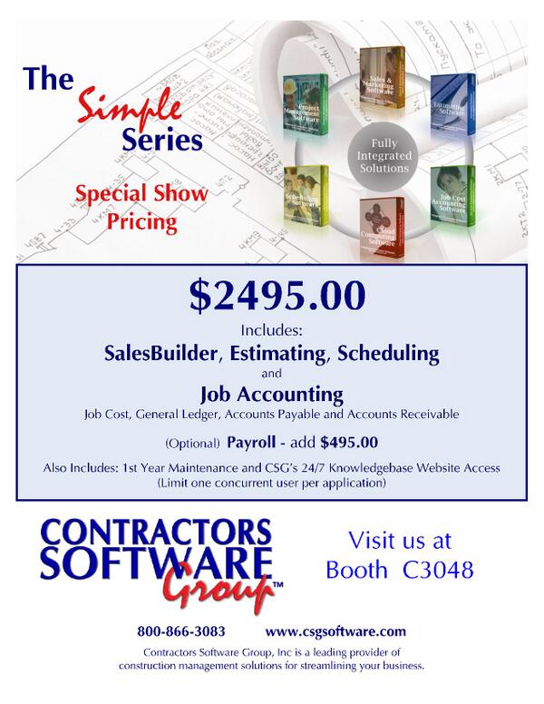 GreenBuildTalk's tweet image. #ContractorsSoftwareGroup #TheSimpleSeries #IBSVegas Booth C3048 Special Show Pricing