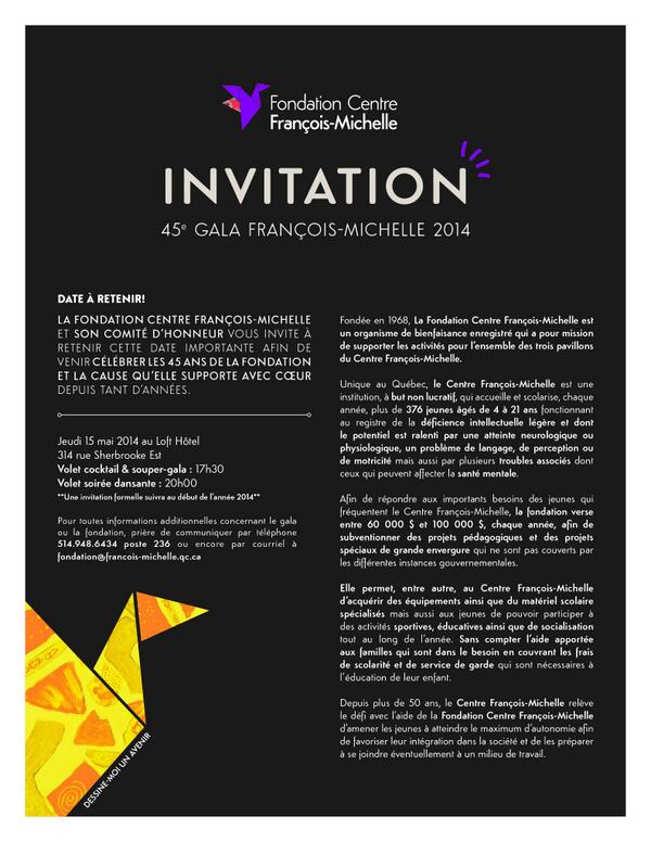 FondationCFM's tweet photo. INVITATION AU 45e GALA FONDATION CENTRE FRANÇOIS-MICHELLE JEUDI le 15 MAI 2014 au LOFT HÔTEL À MTL DÈS 17h30! http://t.co/7tQ9hEr3II