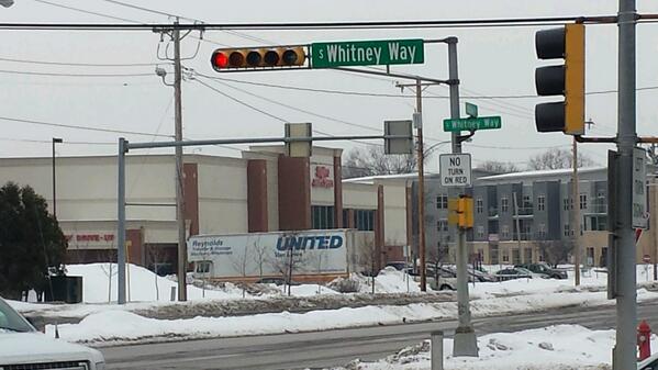 madisontraffic's tweet photo. TRAFFIC ENFORCEMENT: Please note "no turn on red" sign at Whitney Way/Odana. Madison Police hanging out here today. http://t.co/LhW2Nu42FP