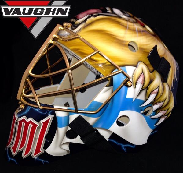 Progoalie's tweet image. Tuukka Rask's @VaughnHockey Olympic mask by Pros Choice @NHLBruins painted by @JessesCusDesign #Bruins @NHL