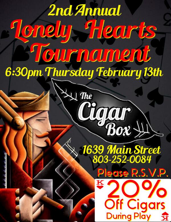 TheCigarBox's tweet photo. It's the 2nd Annual LONELY HEARTS TOURNAMENT! Thursday February 13th 6:30pm @ The Cigar Box Main Street! http://t.co/JFTVq39jf4