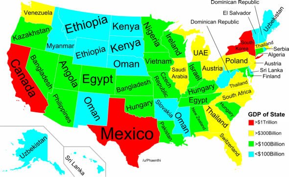Slate's tweet photo. California's GDP is bigger than Canada's--MAP: http://t.co/A9eH3B8dYa http://t.co/S1HK7eomjS