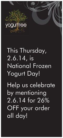 yogurtree1's tweet photo. Thursday is National Frozen Yogurt Day! Mention the date, 2.6.14, and get 26% OFF. Pls RT this rare deal at yogurtree http://t.co/ITgHEnrvg3