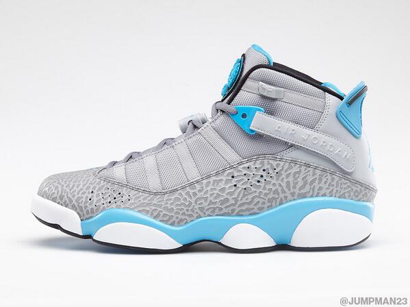 Jumpman23's tweet photo. Jordan 6 Rings 'Powder Blue' blankets this blend of classic Jordan elements. Drops Saturday. http://t.co/Iizejnp0aE http://t.co/mKvQgainoN