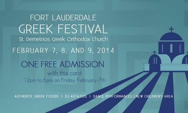 FLLGreek's tweet image. Free admission card for Friday afternoon 12 noon to 6PM.  See you there! Parking at Holiday Park.